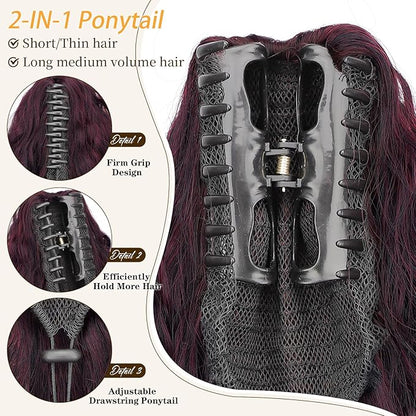 ORSUNCER Ponytail Extension Claw 30" Curly Pony Tail Clip in Claw Hair Extensions Fluffy Natural Looking Synthetic Hairpiece for Women Omber Burgundy