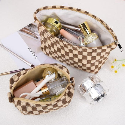 2 Pieces Makeup Bag Large Checkered Cosmetic Bag Capacity Canvas Mix Travel Toiletry Bag Organizer Cute Makeup Brushes Aesthetic Accessories Storage Bag for Women, Checkered Mix Brown
