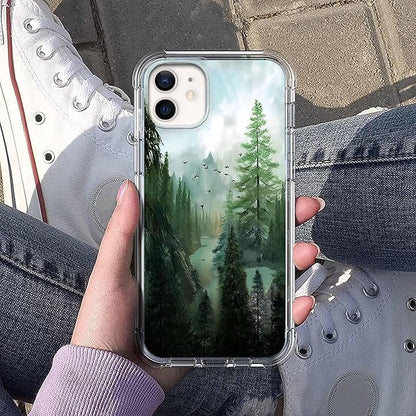 Case for iPhone 12/12 Pro with Forest Design,Mountain and Birds Beautiful Scenery Nature Pattern,Soft TPU Bumper Phone Cover(12,Wood)