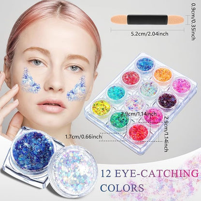 Fluorescent Face Glitter Gel 12 Colours Body Glitter Gel Kit Carnival Glitter Makeup Festival Outfits for Women Hair Glow in The Dark Glitter Gel Light Glitter for Halloween Eyeshadow Nails