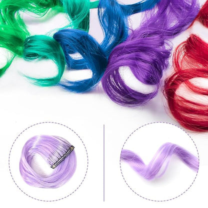 12 PCS Colored Hair Extensions for Kids, Curly Wavy Synthetic Hairpieces Clip in Rainbow Neon Party Highlights, Colorful Hair Accessories for Girls Women 17 Inch (Multi-color Set)