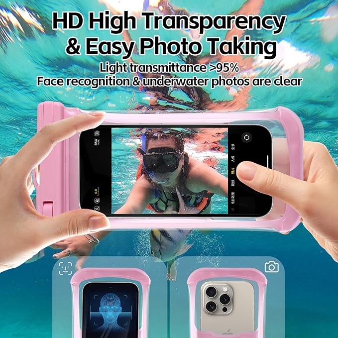 2PCS Waterproof Phone Pouch- [3D Soft Edges Design ], Waterproof Phone Case for iPhone Galaxy Google Up to 8", Dry Bag for Beach Cruise Travel, Pink/Pink
