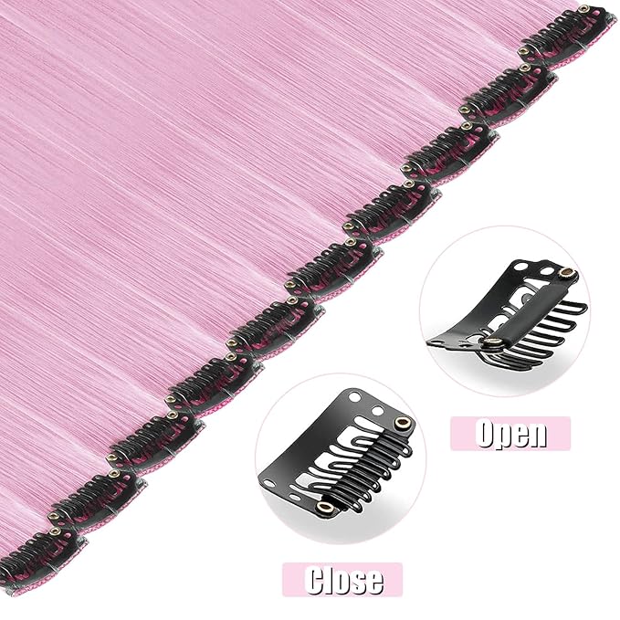 20 Inch Colored Light Pink Hair Extensions Party Highlights, Straight Hairpiece Clip in Synthetic Hair Extensions for Kids Girls (12 Pcs Light Pink)