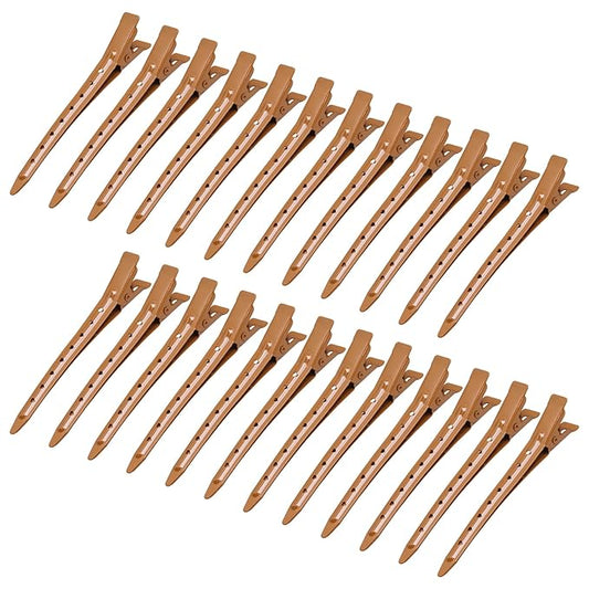 24 Packs Duck Bill Clips, Bantoye 3.35 Inches Rustproof Metal Alligator Curl Clips with Holes for Hair Styling, Hair Coloring, Brown