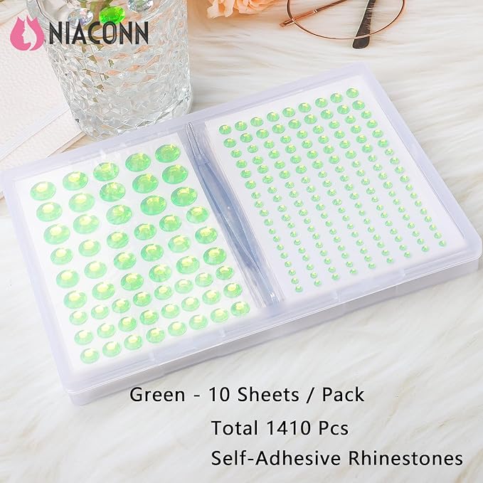 NIACONN 1760 Pcs Green Hair Jewels Face Gems Stick on, Self Adhesive Glitter Rhinestones Stickers for Women Body Eyes Nails Festival Halloween Makeup & Crafts