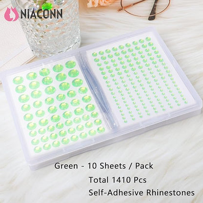 NIACONN 1760 Pcs Green Hair Jewels Face Gems Stick on, Self Adhesive Glitter Rhinestones Stickers for Women Body Eyes Nails Festival Halloween Makeup & Crafts