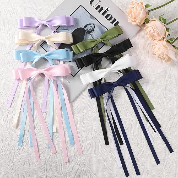 10 PCS Satin Hair Accessories: Double Hair Ribbon Ponytail Holders, Metal Hair Clips and Bows for Women and Girls in Black and White