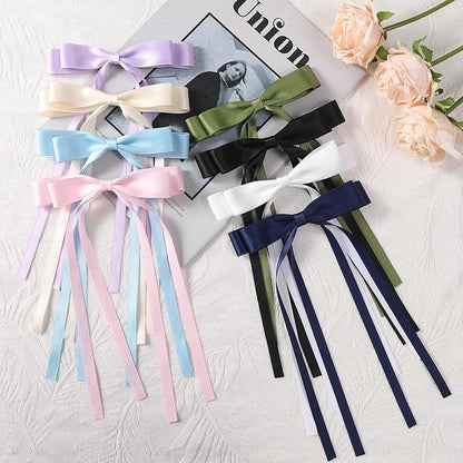 10 PCS Satin Hair Accessories: Double Hair Ribbon Ponytail Holders, Metal Hair Clips and Bows for Women and Girls in Black and White