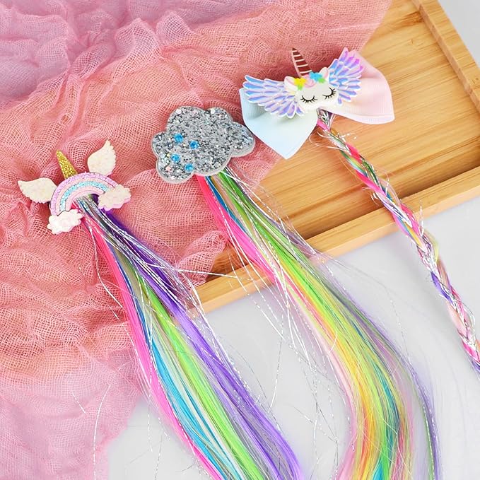 6 Set Rainbow Colored Straight Hair Clips with Unicorn Accessories - Thick Wig Bangs and Ponytail Extensions for Girls