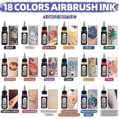 OPHIR 18 Colors Airbrush Temporary Tattoo Ink, Air Brush Body Paint for Face and Body Painting Special Effects Makeup, Water Resistant Airbrush Body Painting Pigment Tattoo, 1.06oz/Bottle