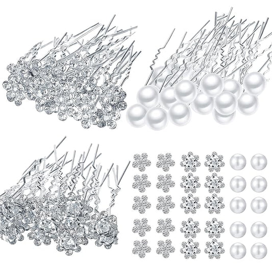 60 Pieces Bridal Hair Pins Accessories Pearl Rhinestone Flower U Shape Clips Jewelry Prom Hair Barrettes Decorations for Brides Bridesmaids Women