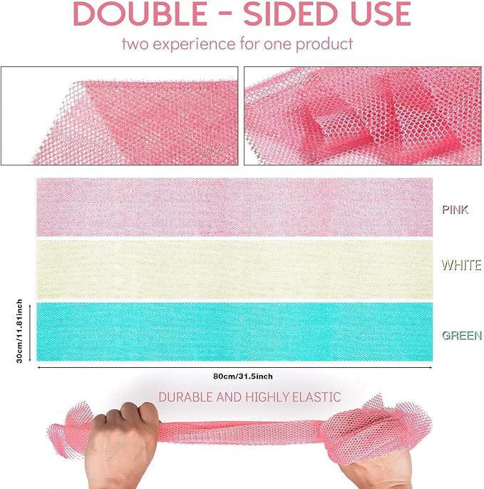 3 Pieces African Net Sponge, African exfoliating net African Net Long Net Bath Sponge Exfoliating Shower Body Scrubber Back Scrubber Skin Smoother（Pink, Green, Off-White）