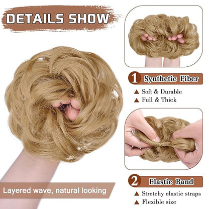 MORICA 1PCS Messy Hair Bun Hair Scrunchies Extension Curly Wavy Messy Bun Hair Synthetic Chignon Hairpieces for Women(24(Natural Blonde))