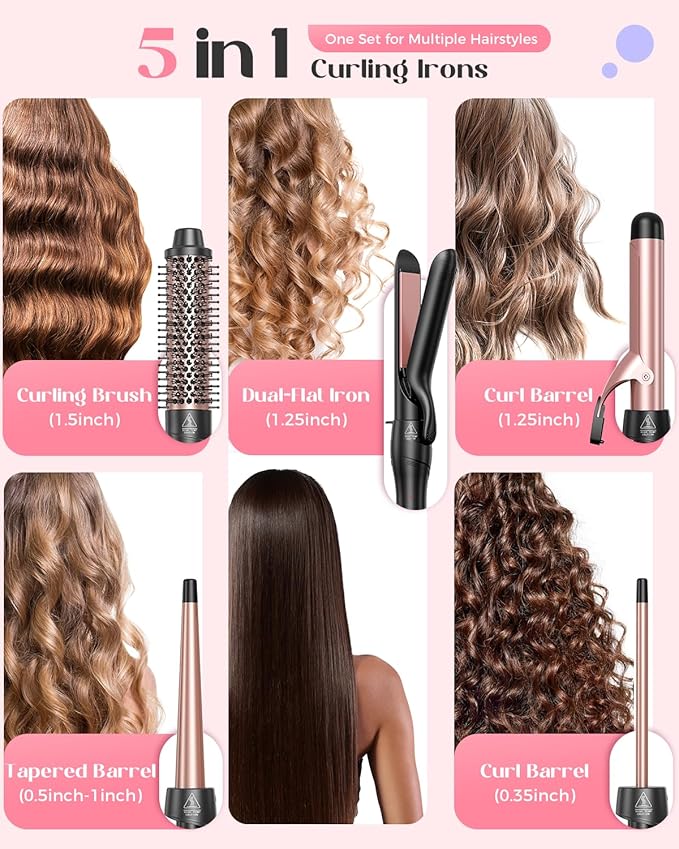 5 in 1 Curling Iron Set, Curling Wand with New Upgraded Thermal Brush and 4 Interchangeable Ceramic Barrels(0.35"-1.5"), Fast Heating, Dual Voltage Hair Curler, Gifts for Women