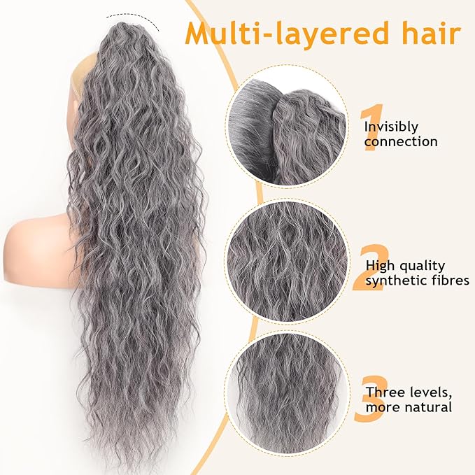 ORSUNCER Ponytail Extension Claw 30" Curly Pony Tail Clip in Claw Hair Extensions Fluffy Natural Looking Synthetic Hairpiece for Women Grey