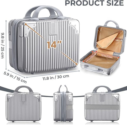 Noverlife 14 Inch Hard Shell Cosmetic Case, Small Hard Case Makeup Travel Case with Elastic Band ABS Carrying Suitcase, Mini Carrying Makeup Suitcase Small Travel Hand Luggage Organizer - Silver