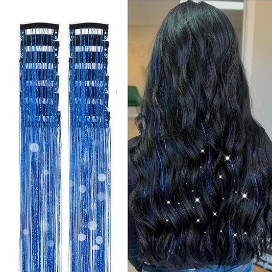 12Pcs Hair Tinsel Kit Clip in 19.6Inch Glitter Tinsel Hair Extensions Shiny Sparkly Fairy Hair Accessories for Women Girls Kids (Sapphire Blue)