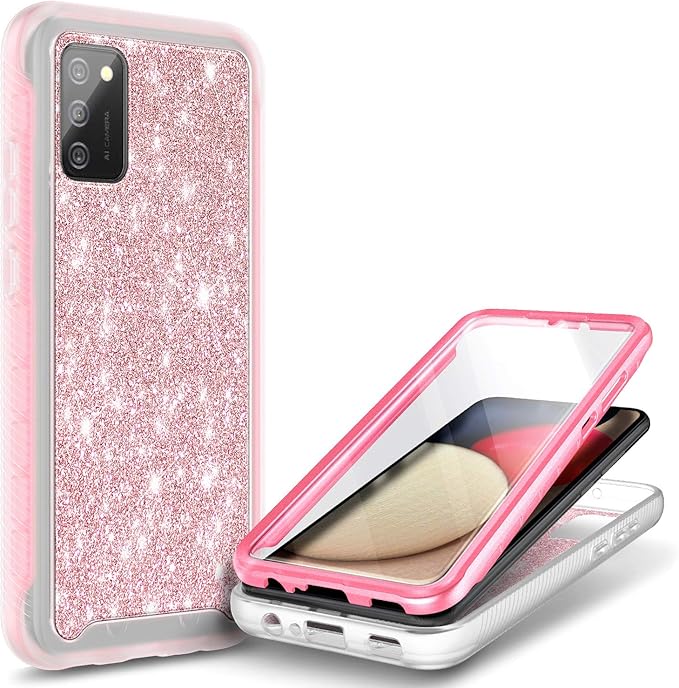 NZND Case for Samsung Galaxy A03S with [Built-in Screen Protector], Full-Body Protective Shockproof Rugged Bumper Cover, Impact Resist Phone Case (Glitter Rose Gold)