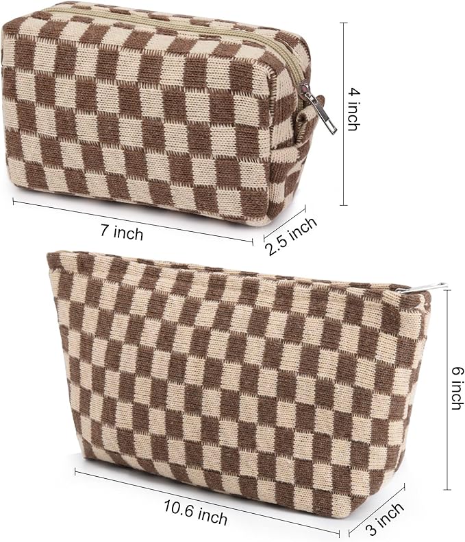 2 Pieces Makeup Bag Large Checkered Cosmetic Bag Capacity Canvas Mix Travel Toiletry Bag Organizer Cute Makeup Brushes Aesthetic Accessories Storage Bag for Women, Checkered Mix Brown