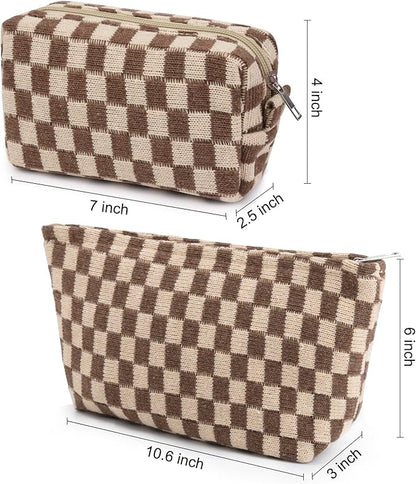 2 Pieces Makeup Bag Large Checkered Cosmetic Bag Capacity Canvas Mix Travel Toiletry Bag Organizer Cute Makeup Brushes Aesthetic Accessories Storage Bag for Women, Checkered Mix Brown