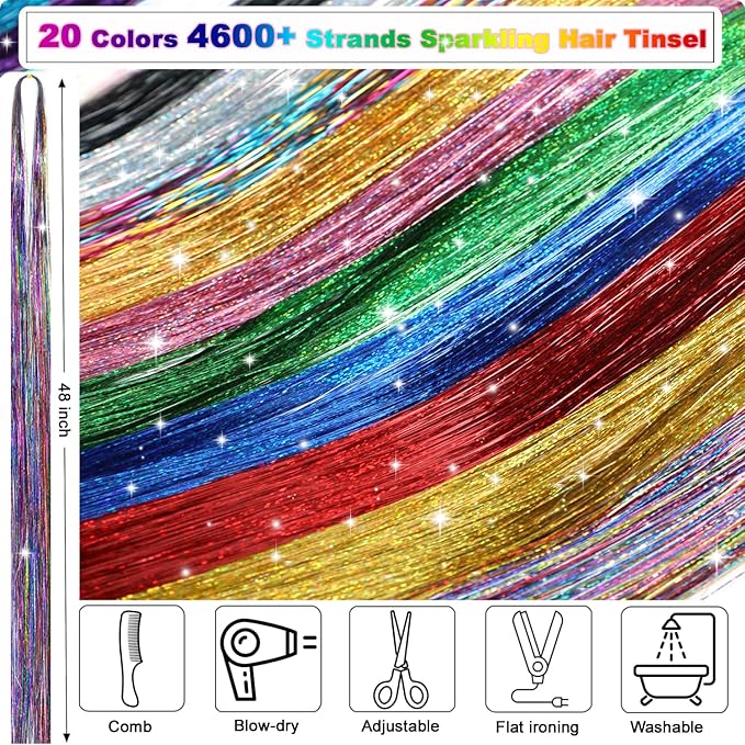 20 Colors Hair Tinsel Kit with Tools 48 Inch 4600 Strands Fairy Hair Tinsel Heat Resistant Glitter Tinsel Hair Extensions Hair Accessories Hair Tinsel Kit for Girls Women Kids (20 Colors)