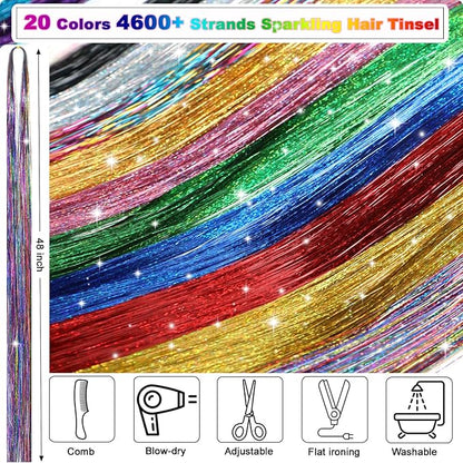 20 Colors Hair Tinsel Kit with Tools 48 Inch 4600 Strands Fairy Hair Tinsel Heat Resistant Glitter Tinsel Hair Extensions Hair Accessories Hair Tinsel Kit for Girls Women Kids (20 Colors)