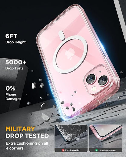 Miracase Glass Series for iPhone 15 Case [Compatible with MagSafe] Full-Body Magnetic Case with Built-in 9H Tempered Glass Anti-Fingerprint Screen Protector + Camera Lens Protector, Transparent Pink