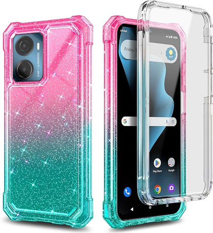 for Cricket Magic 2 5G Case (2024), AT&T Propel 2 5G with [Built-in Screen Protector], [9FT Military Grade Drop Tested] Full-Body Protective Shockproof Bumper Case (Glitter Pink/Aqua)