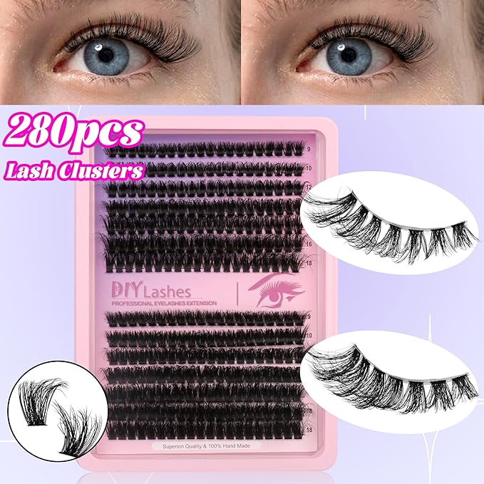 280 Pcs Lash Clusters Extension Kit 80D+60D Cat Eye Lashes Clusters Kit 9-18mm Fluffy Wispy Cluster Eyelash Extensions Kit D Curl Eyelash Clusters Individual Lashes DIY Lash Makeup at Home