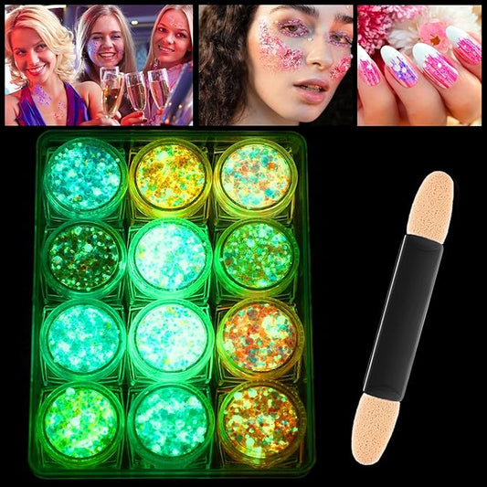 Fluorescent Face Glitter Gel 12 Colours Body Glitter Gel Kit Carnival Glitter Makeup Festival Outfits for Women Hair Glow in The Dark Glitter Gel Light Glitter for Halloween Eyeshadow Nails