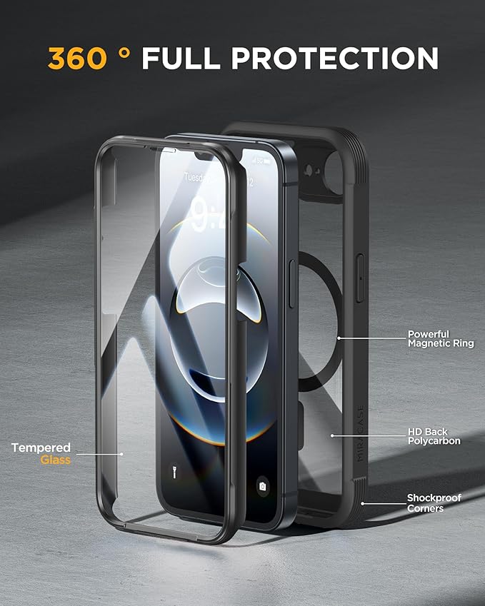 Miracase Magnetic for iPhone 16e Case Full-Body Phone with Built-in Glass Screen Protector, [Compatible with MagSafe] Military Drop Proof 16E Cover Bumper 6.1 inch, Black