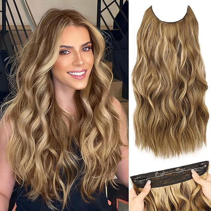 MORICA Invisible Wire Hair Extensions - 20 Inch Brown Mixed Blonde Long Wavy Synthetic Hairpiece with Transparent Wire Adjustable Size, 4 Secure Clips for Women