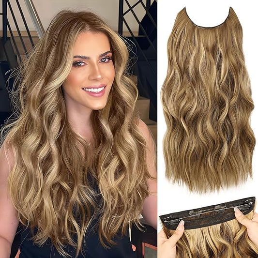 MORICA Invisible Wire Hair Extensions - 20 Inch Brown Mixed Blonde Long Wavy Synthetic Hairpiece with Transparent Wire Adjustable Size, 4 Secure Clips for Women