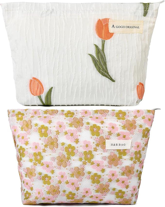 2 Pieces Flower Makeup Bag Large Floral Cosmetic Bag Capacity Canvas Travel Toiletry Bag Organizer Cute Makeup Brushes Aesthetic Accessories Storage Bag for Women, Embossed flower L White Pink