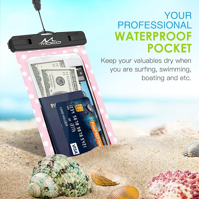 MoKo Waterproof Phone Pouch Holder, Cellphone Case Dry Bag with Lanyard Armband Compatible with iPhone 16 15 14 13 12 11 Pro Max, Samsung S24/S23/S21/S20/S10, Pink dots