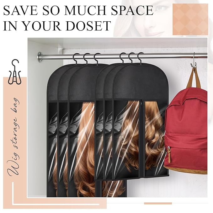 14 Pcs Extra Long Hair Extension Storage Bag with Hanger, Two Sizes for Multiple Wigs, Dust Proof Hanger for Hair Extensions, Accessories, Black