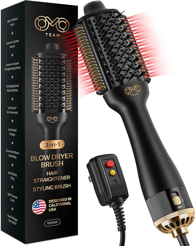 Blowout Brush Hair Dryer, Dual Voltage 3-in-1 Blow Drying Brush, Ionic Hair Straightener Comb Tool w/No Heat Damage, Light 1.3lb Blowout Tool, Blow Dryer Curling Wand and Hot Air Styler for All Types