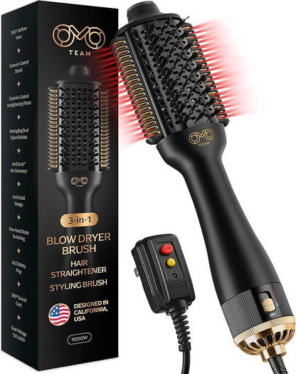 Blowout Brush Hair Dryer, Dual Voltage 3-in-1 Blow Drying Brush, Ionic Hair Straightener Comb Tool w/No Heat Damage, Light 1.3lb Blowout Tool, Blow Dryer Curling Wand and Hot Air Styler for All Types