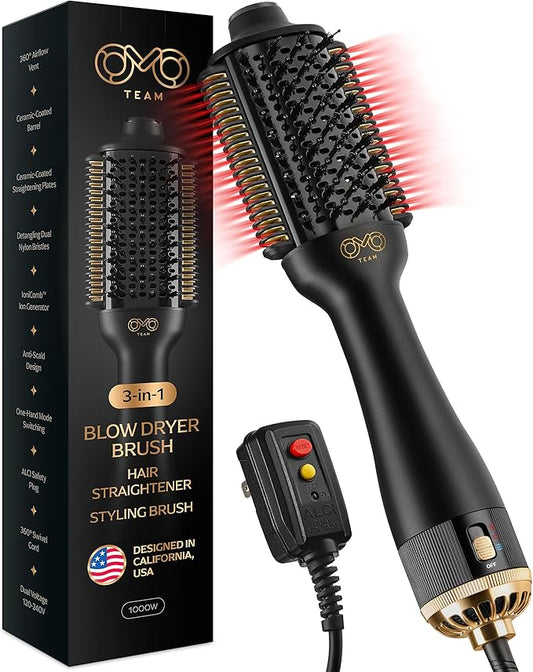 Blowout Brush Hair Dryer, Dual Voltage 3-in-1 Blow Drying Brush, Ionic Hair Straightener Comb Tool w/No Heat Damage, Light 1.3lb Blowout Tool, Blow Dryer Curling Wand and Hot Air Styler for All Types