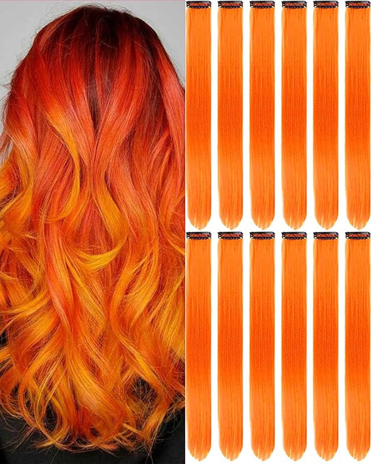 12 PCS Orange Hair Extensions Clip in, 22 Inch Colored Party Synthetic Neon Highlights Extensions, Rainbow Hair Accessories for Girls Women Kids Hair Pieces (Orange)