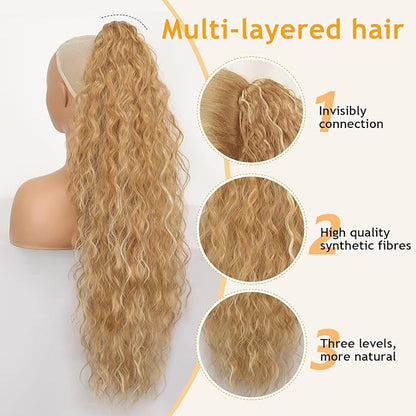 ORSUNCER Ponytail Extension Claw 30" Curly Pony Tail Clip in Claw Hair Extensions Fluffy Natural Looking Synthetic Hairpiece for Women Medium Blonde Highlights