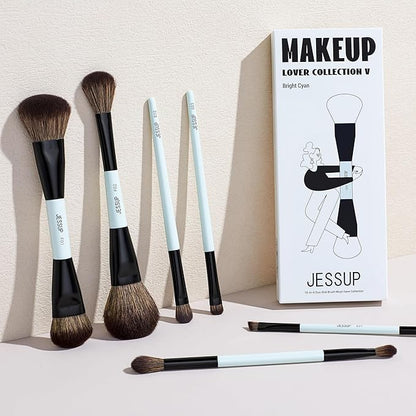 Jessup Makeup Brush Set 6pcs Double Sided Makeup Brushes Foundation Contour Blush Highlight Blending Eyebrow Brush Eyeshadow Brush, Vegan Fiber Make up Brush Bright Cyan T501