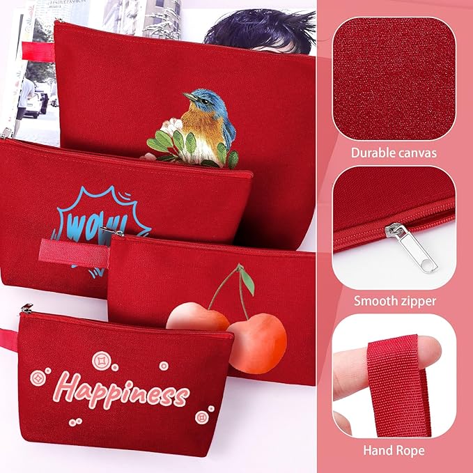 10 Pieces Cotton Canvas Makeup Bag with Bottom and Strap, Multi-Purpose Cosmetic Bag with Zipper Travel Toiletry Pouch, Blank DIY Craft Bag (Red, M)