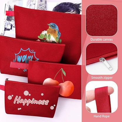 10 Pieces Cotton Canvas Makeup Bag with Bottom and Strap, Multi-Purpose Cosmetic Bag with Zipper Travel Toiletry Pouch, Blank DIY Craft Bag (Red, M)
