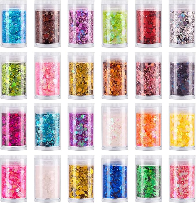 24 Color Sequins & Fine Glitter Mix - Holographic Glitter Flakes for Face, Body, Eye, Hair & Nail Art