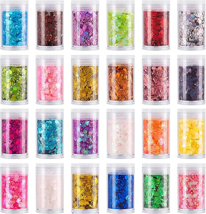 24 Color Sequins & Fine Glitter Mix - Holographic Glitter Flakes for Face, Body, Eye, Hair & Nail Art