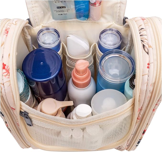 Narwey Small Hanging Toiletry Bag Women Travel Makeup Bag Organizer Toiletries Bag for Travel Size Essentials Accessories Cosmetics(Medium, Beige Bird)