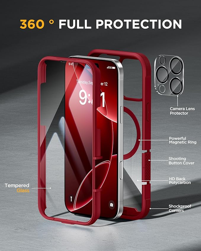 Miracase for iPhone 16 Pro Max Case 6.9'', [Bubble Free] Full-Body Bumper Phone case with Built-in Full Glass Screen &Lens Protector,Compatible with MagSafe,Drop Proof 16 Pro Max Cover,Plum
