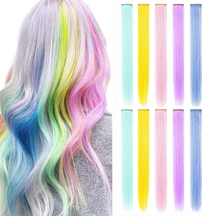 10 PCS Colored Hair Extensions, Multi-colors Party Highlights Clip in Heat-Resistant Synthetic Hair Extensions 20 Inch (Light blue Light pink Light green Light purple Yellow)