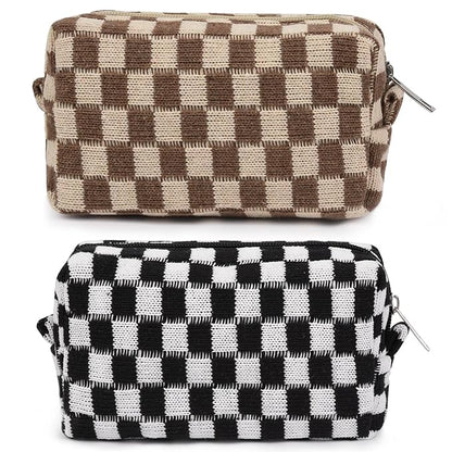 2 Pieces Checkered Cosmetic Travel Bags - Cute Makeup Pouch Organizers With Brush Storage for Women